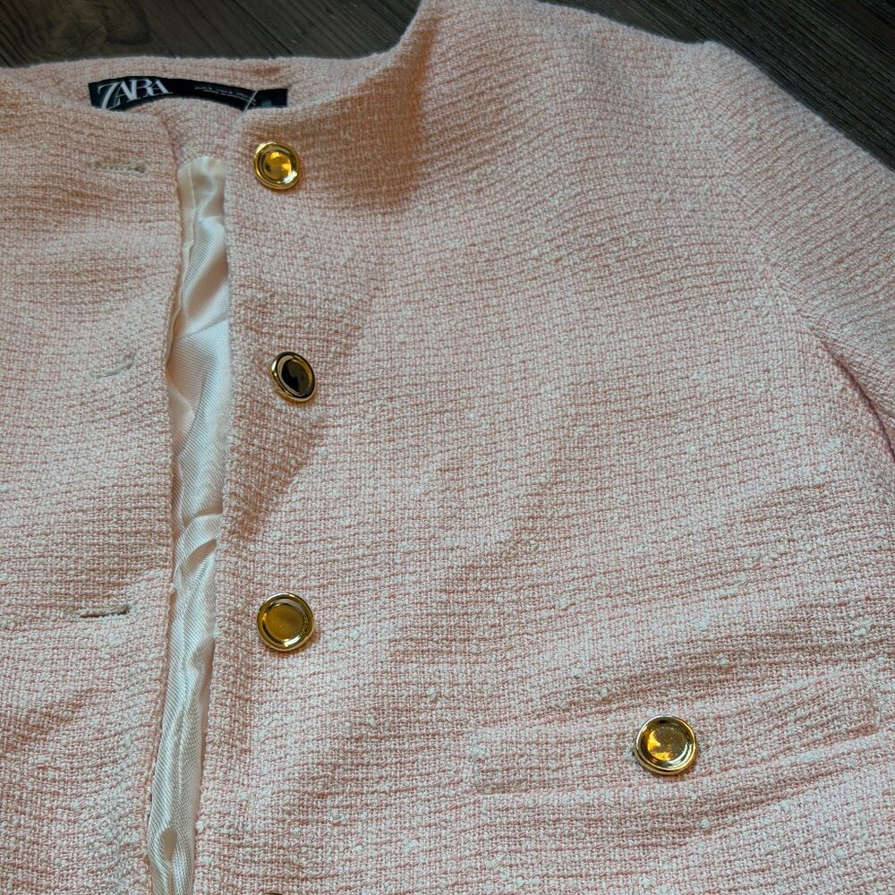 Zara Pink White Tweed Boucle Cropped Blazer - Small - Picture 4 of 12